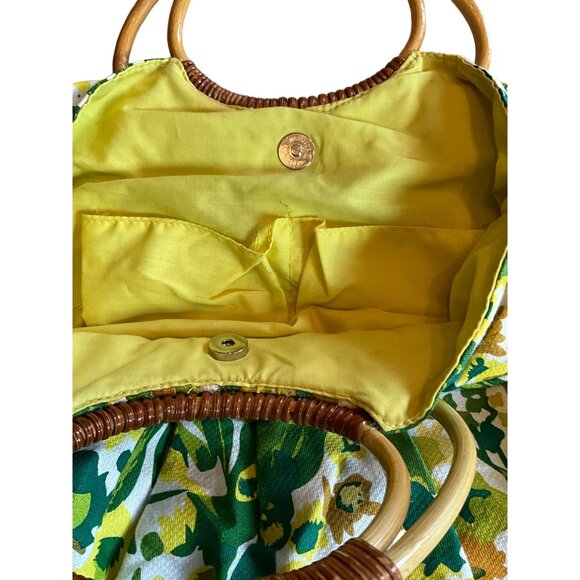 Vintage Floral Print Round Bamboo Handle Bag With Yellow Lining & Magnetic‎ Snap - Picture 4 of 6